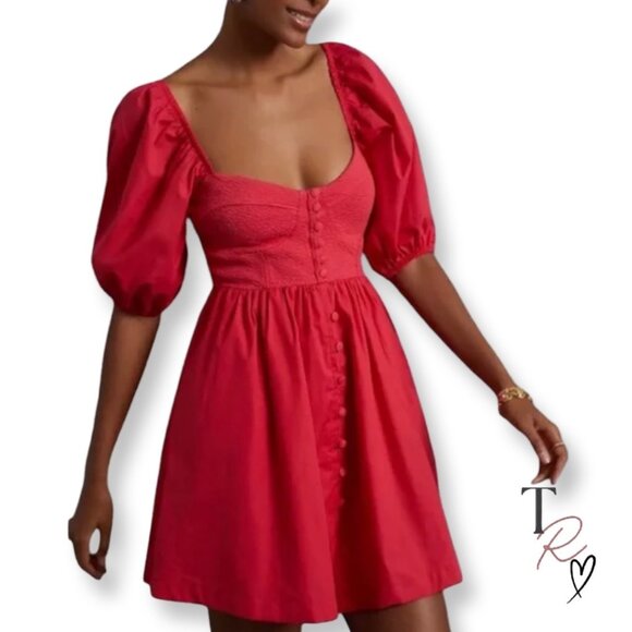 Anthropologie Maeve NWT Sweetheart Puff Sleeve Coquette Mini Dress Size Medium - Picture 1 of 16